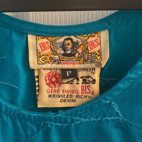Vintage 1980s Bis Bis Gene Ewing Wrinkled Rich Denim Mandarin Tank teal sz “P” - Picture 2 of 11